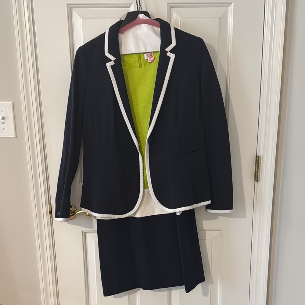 Navy Blue Blazer and Skirt Set with White Trim